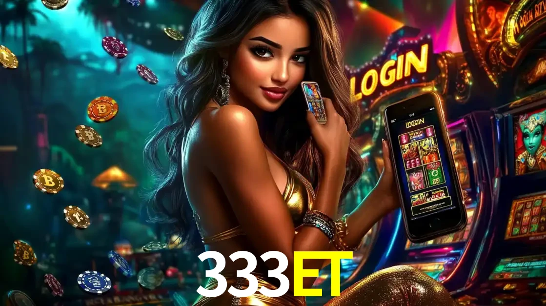 Mulher em um cenário de cassino temático de aventura, mostrando o app de caça-níqueis da 333ET no celular. Fichas de apostas flutuam ao redor.