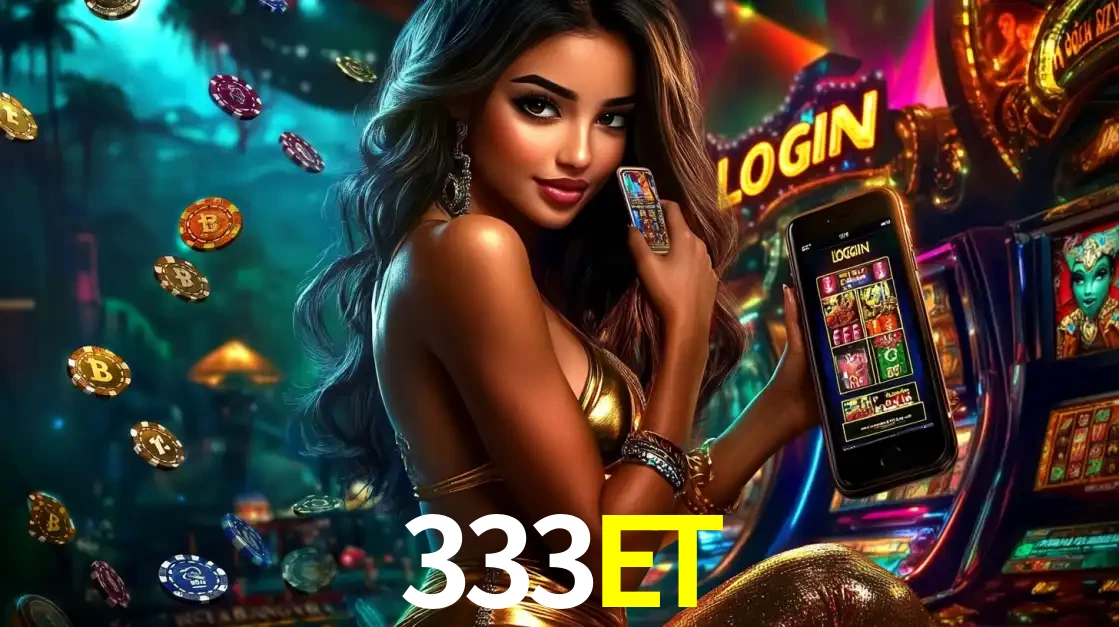 Mulher em um cenário de cassino temático de aventura, mostrando o app de caça-níqueis da 333ET no celular. Fichas de apostas flutuam ao redor.