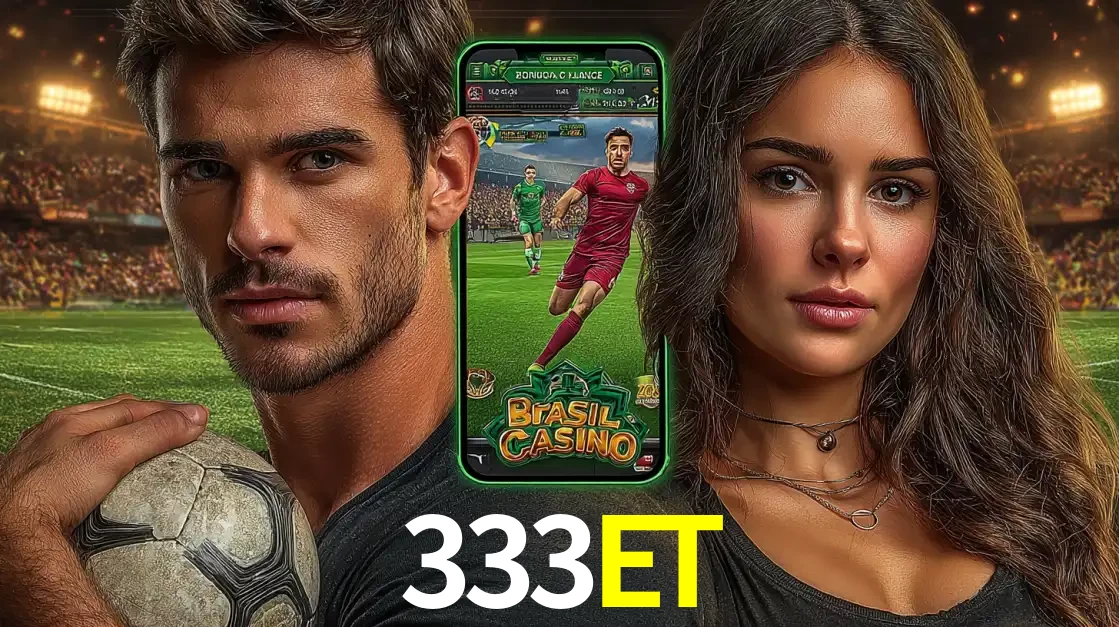 Homem segurando uma bola de futebol e uma mulher ao lado de um smartphone exibindo o jogo de apostas esportivas da 333ET. Faça seu palpite no cassino online.